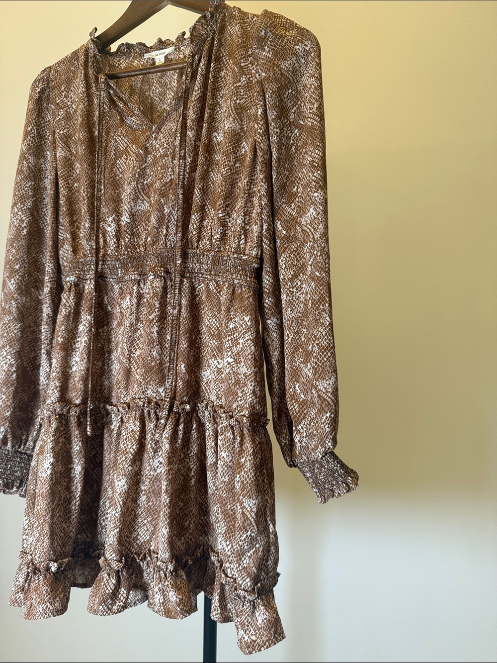 MINE Brown & Cream Snakeskin Ruffle Tier Mini Dress | Size L - Picture 7 of 14